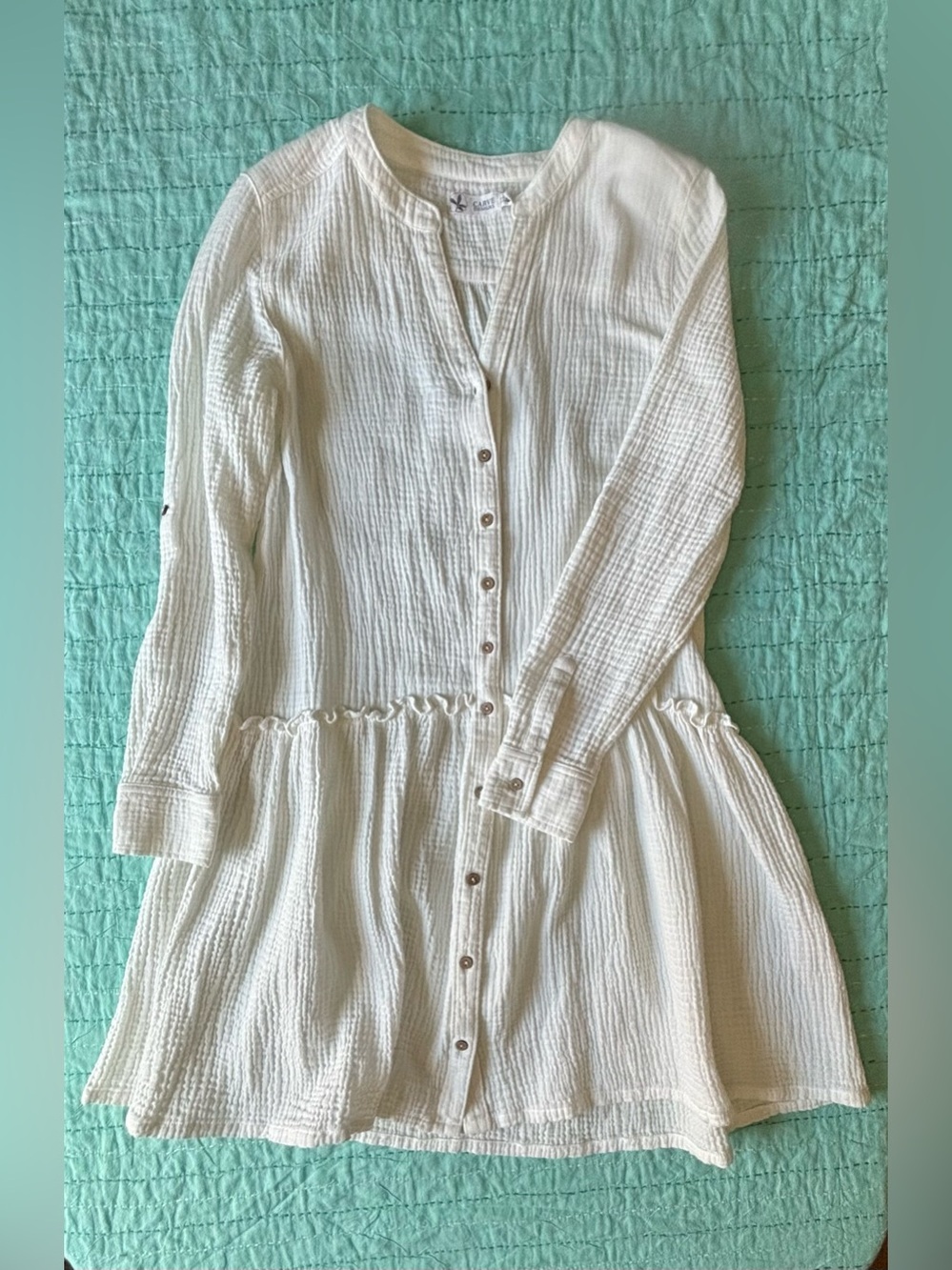 Carve Designs Organic Cotton Crinkled Cream Button Front Tunic Dress XXS Cottage